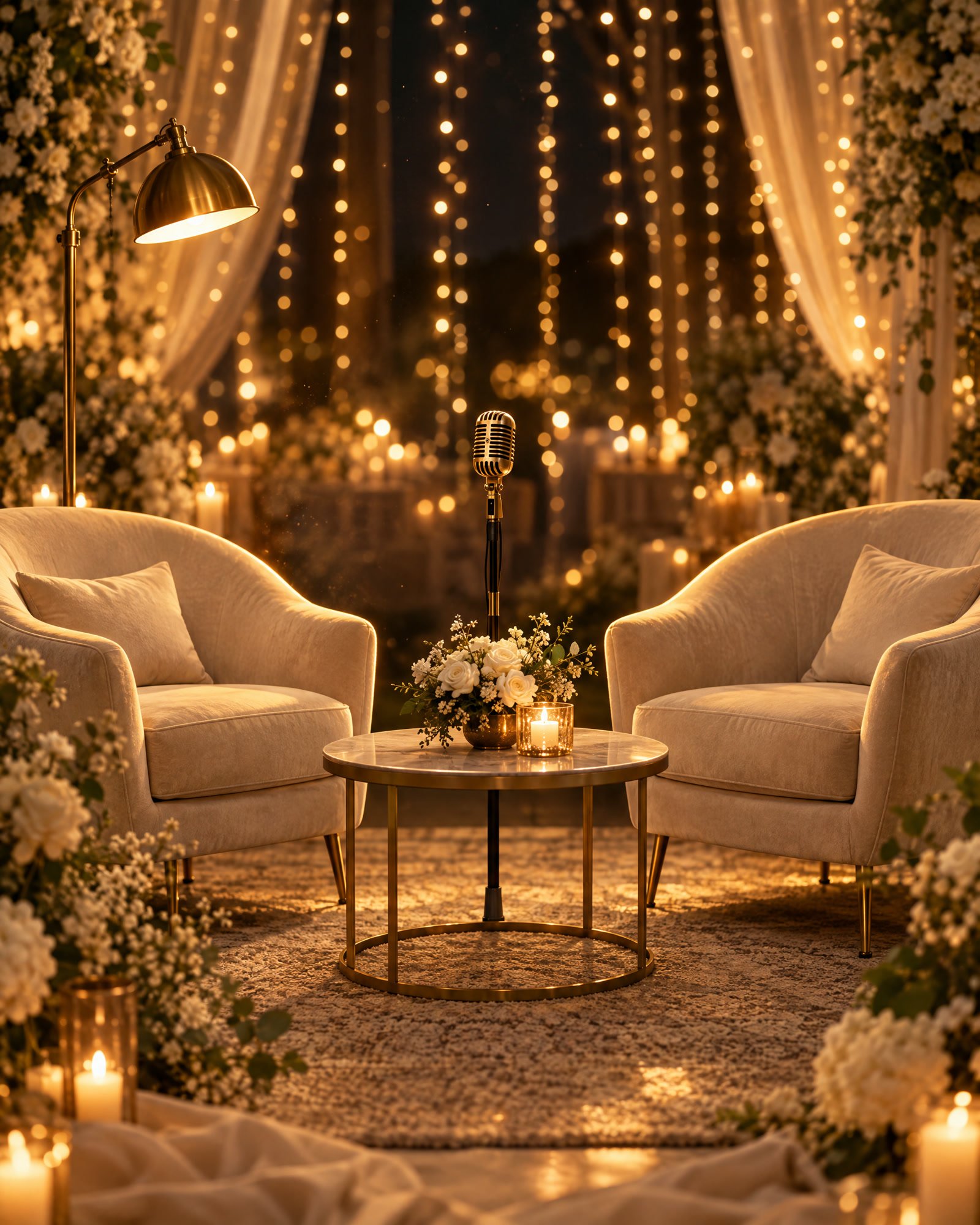 El set de podcast montado en una boda: dos butacas de terciopelo crema, una mesita con flores blancas y un micrófono dorado vintage bajo una cortina de luces cálidas